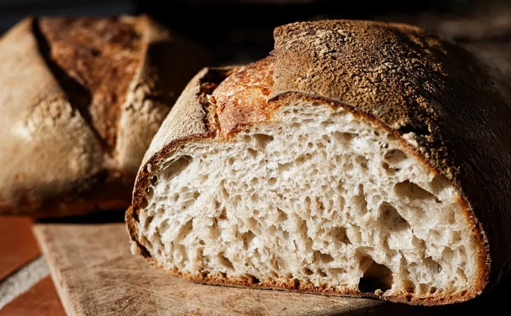 Przekrojony chleb na zakwasie z miękiszem na desce: pieczywo pszenne zawiera gluten
