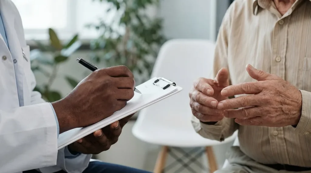 Lekarz notuje na podkładce podczas rozmowy z pacjentem: lek na receptę wymaga decyzji lekarza
